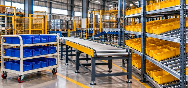 Material handling and storage systems featuring industrial trolleys, roller conveyors and FIFO storage racks