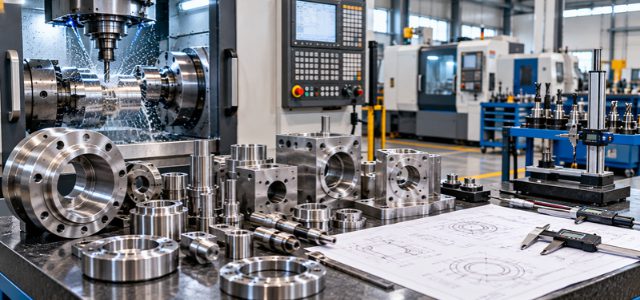 Precision machined metal components, steel flanges, shafts and CNC machining equipment in an industrial workshop