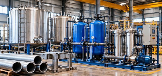 Industrial water treatment plant with stainless steel tanks, blue filtration vessels, pipelines and pumps